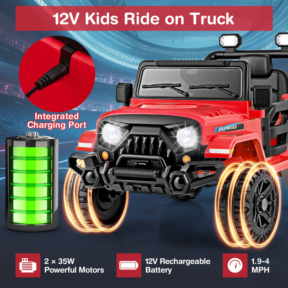 12V kids ride on truck in red with threaded wheels, remote control, and 3 speed settings for outdoor fun.