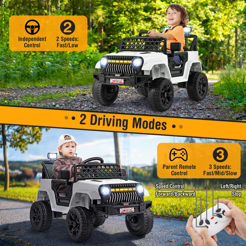 Kids ride-on truck car in white with parental remote, LED lights, and anti-slip tires for safe outdoor fun.