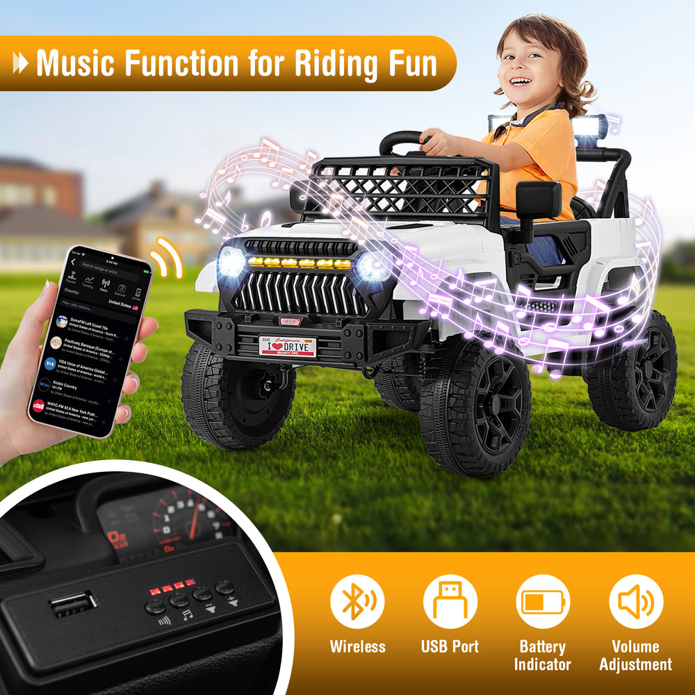 Kids ride-on truck car in white with parental remote, music player, and LED lights for fun outdoor adventures.