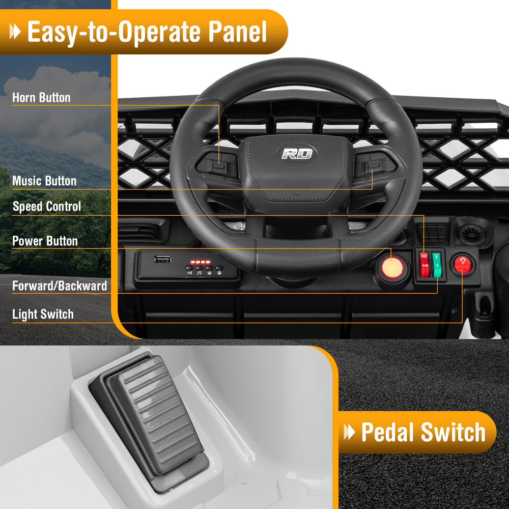 Steering panel of the 12V Kids Ride on Truck with easy-to-operate controls, including speed and music buttons.