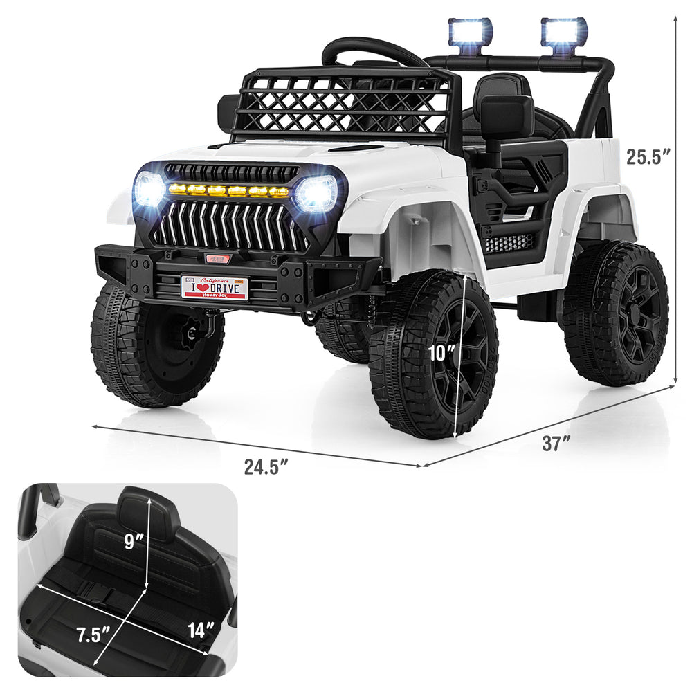 12V kids ride-on truck in white with large tires, LED lights, and parental remote for safe driving fun.