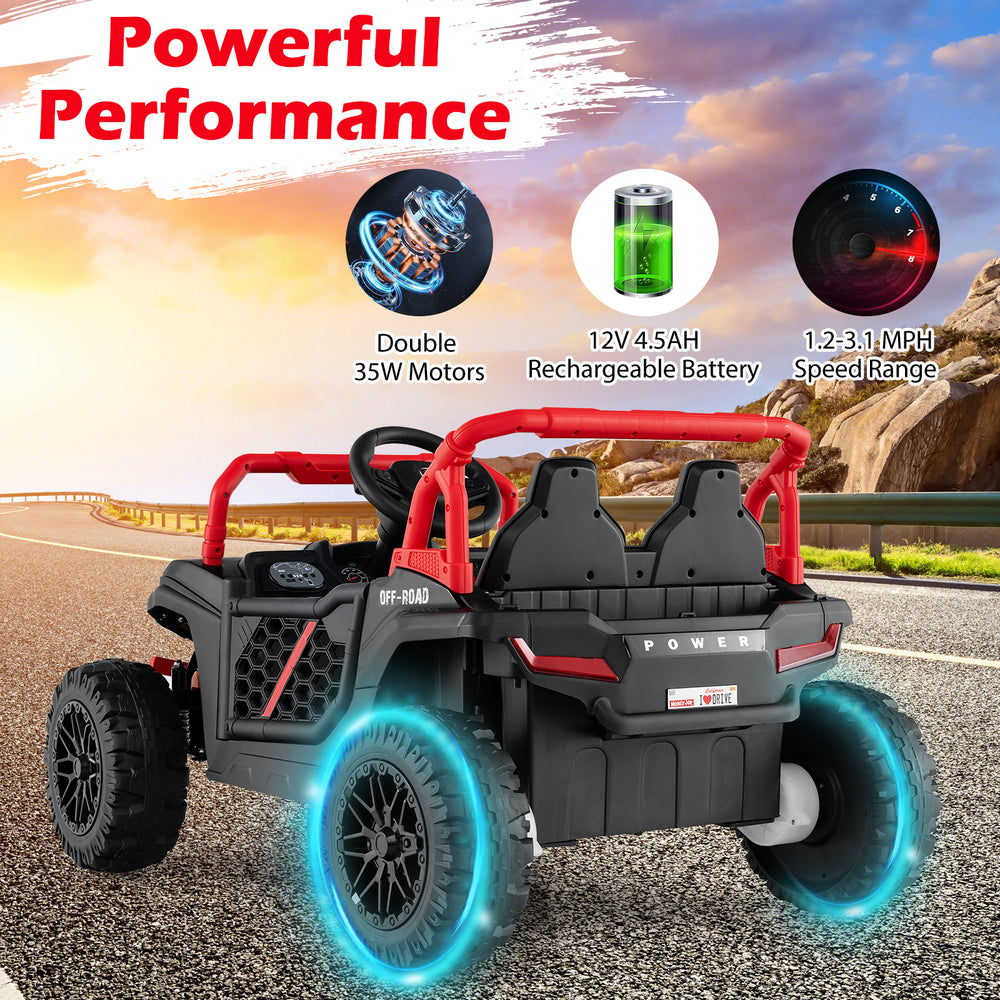 Off-road kids ride-on truck in black with dual motors, LED headlights, and parental remote for safe driving fun.