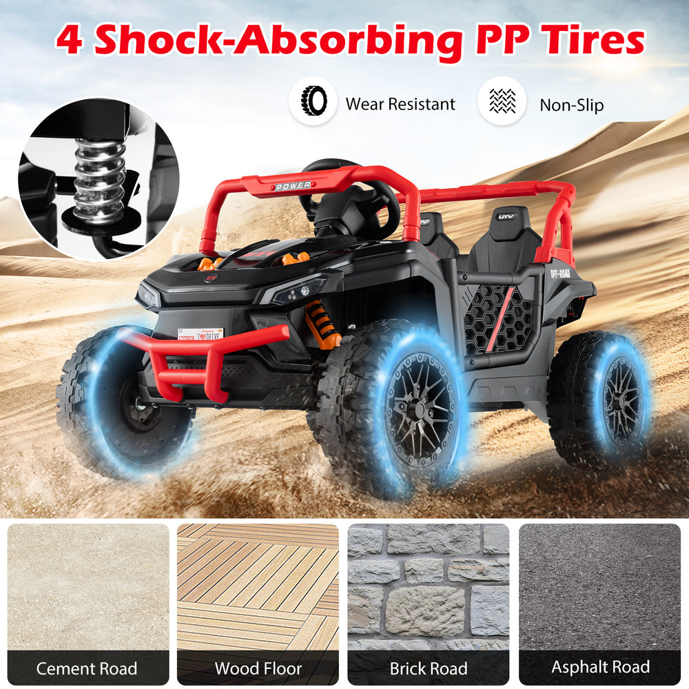 4 shock-absorbing PP tires on a black 12V kids ride-on truck, designed for smooth off-road driving and safety.