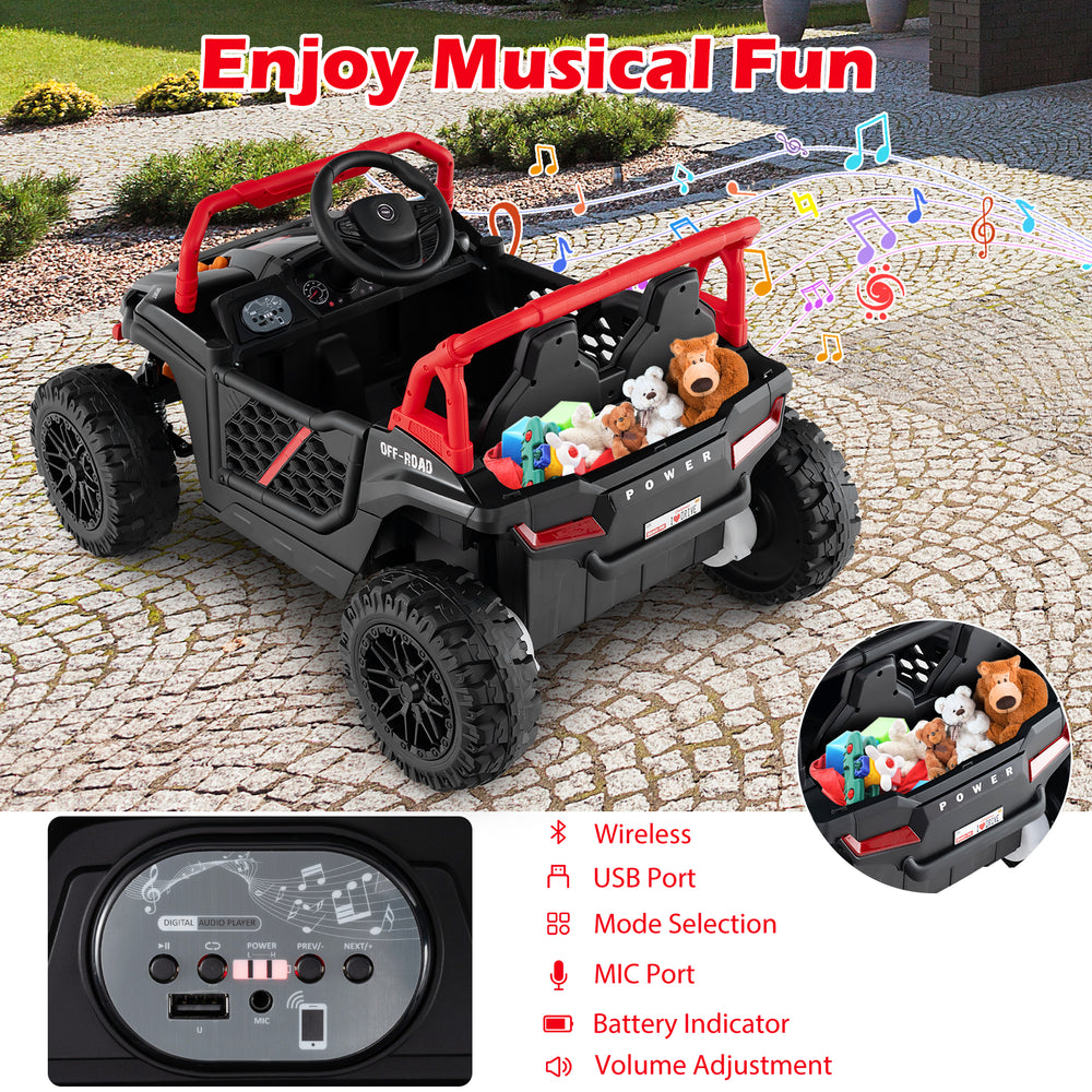 Kids ride-on truck with parental remote, USB port, and LED headlights for safe outdoor fun. Suitable for ages 3 and up.