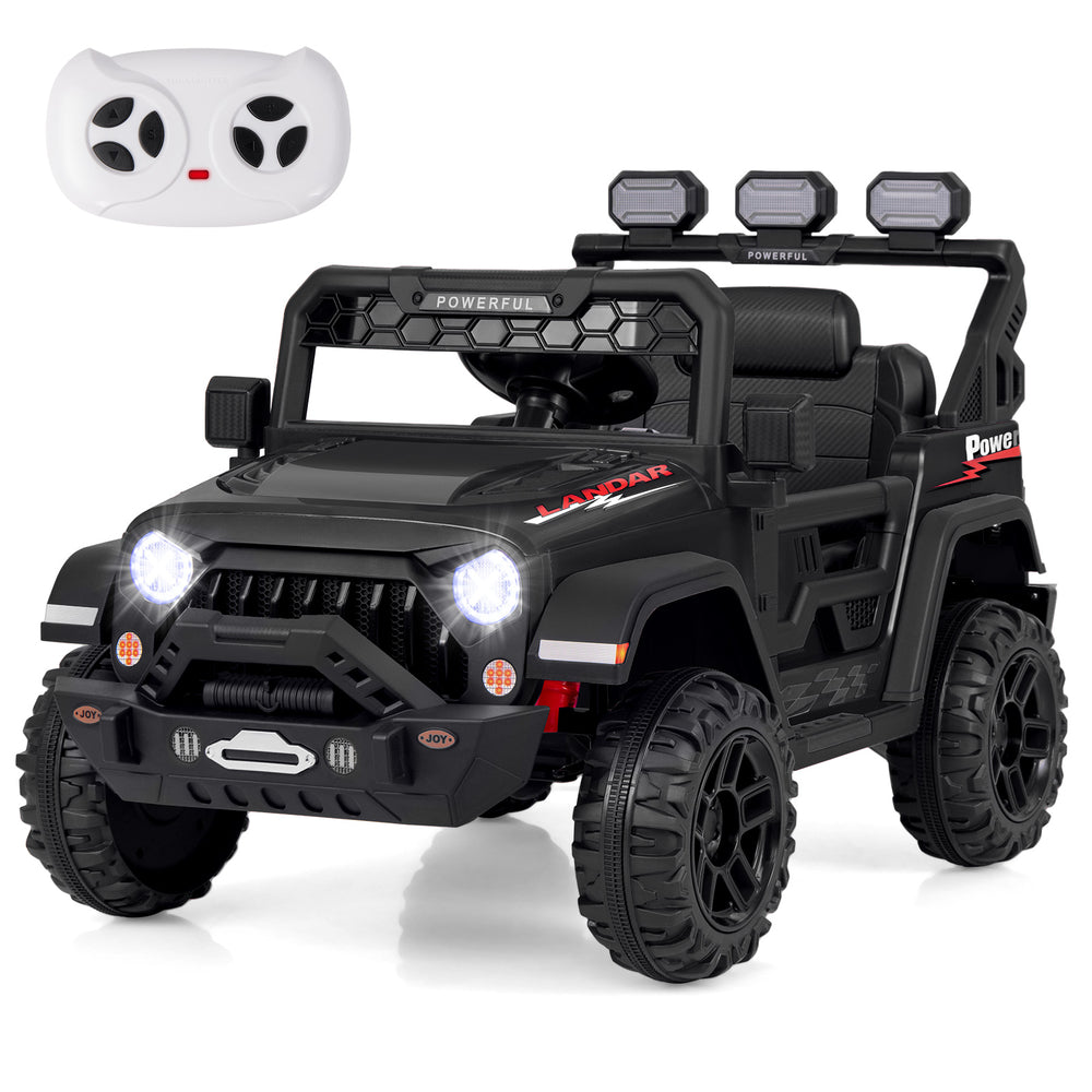 Electric kids ride-on truck in black with remote control, LED lights, and adjustable seat belt for safe outdoor fun.