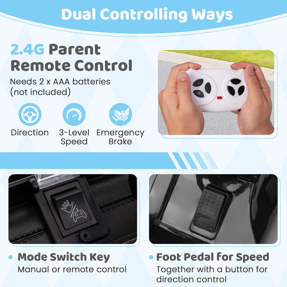 Parent remote control for 12V electric kids ride-on truck, featuring mode switch key and foot pedal for speed control.