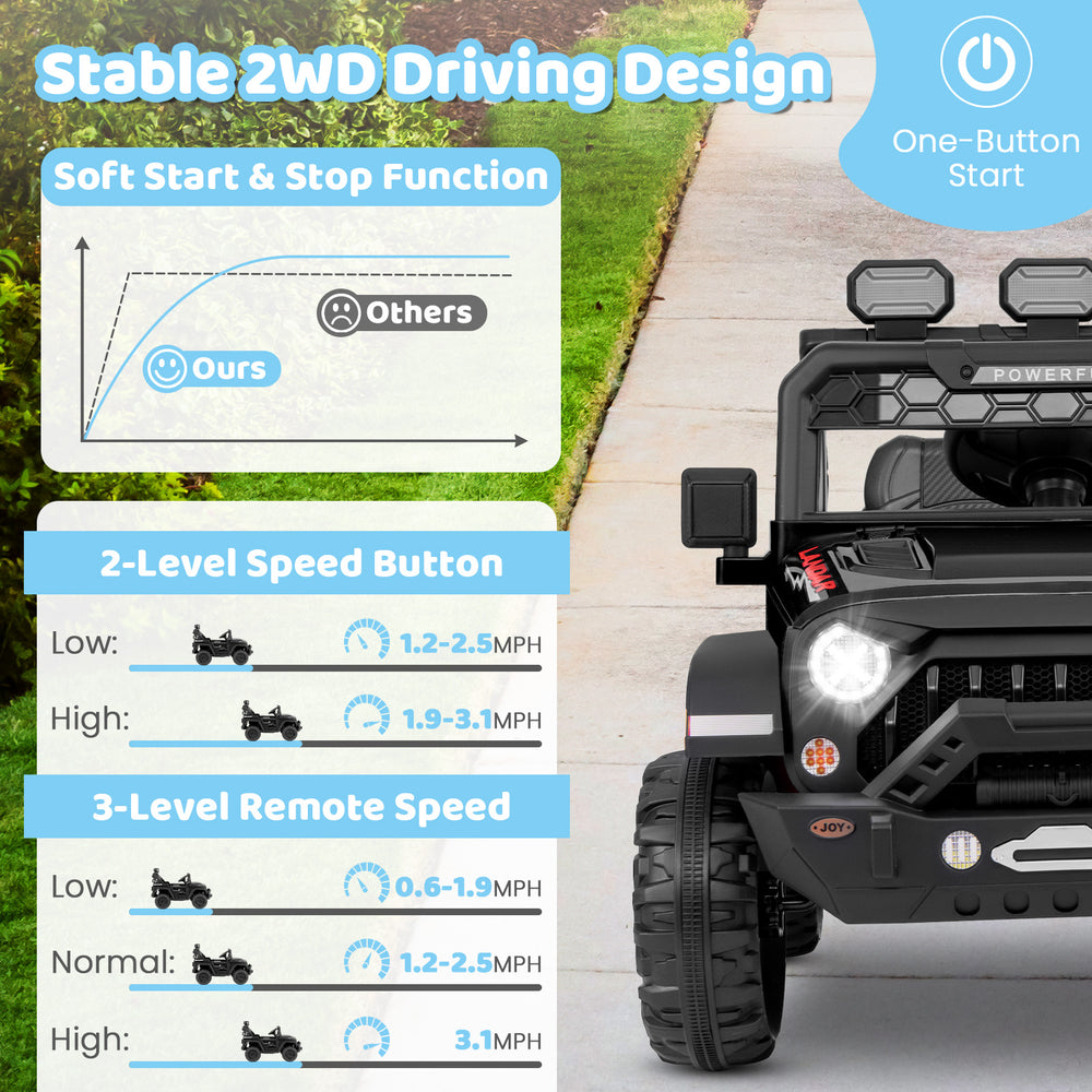 12V electric kids ride-on truck in black with remote control, soft start function, and 2-level speed for safe driving.