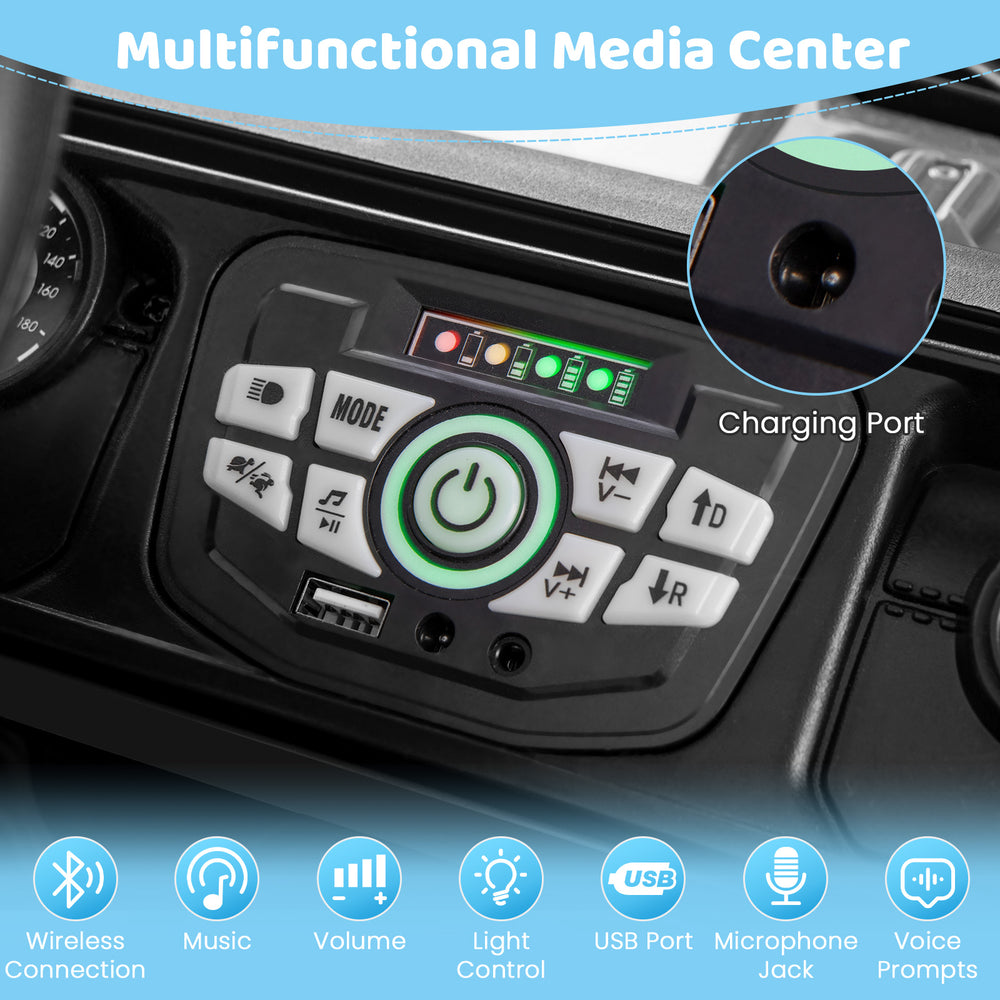 Multifunctional media center of the 12V electric kids ride-on truck with USB port and charging options for.