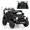 12V electric kids ride-on truck in black with remote control, adjustable seat, and LED lights for outdoor fun.