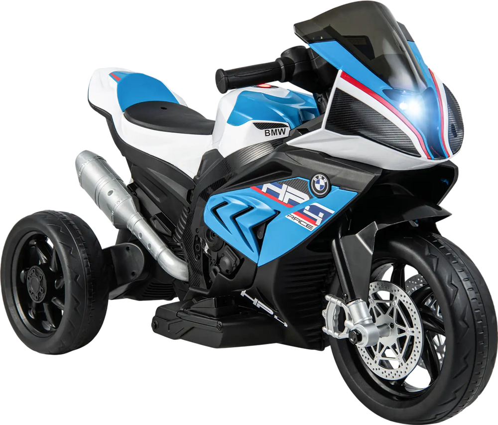 BMW kids motorcycle ride-on toy in blue, featuring three wheels, headlights, and music for ages 37-96 months.