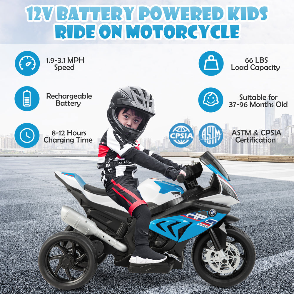Licensed BMW kids motorcycle ride-on toy in blue, featuring 12V battery, 3-wheel design, and suitable for ages 37-96.