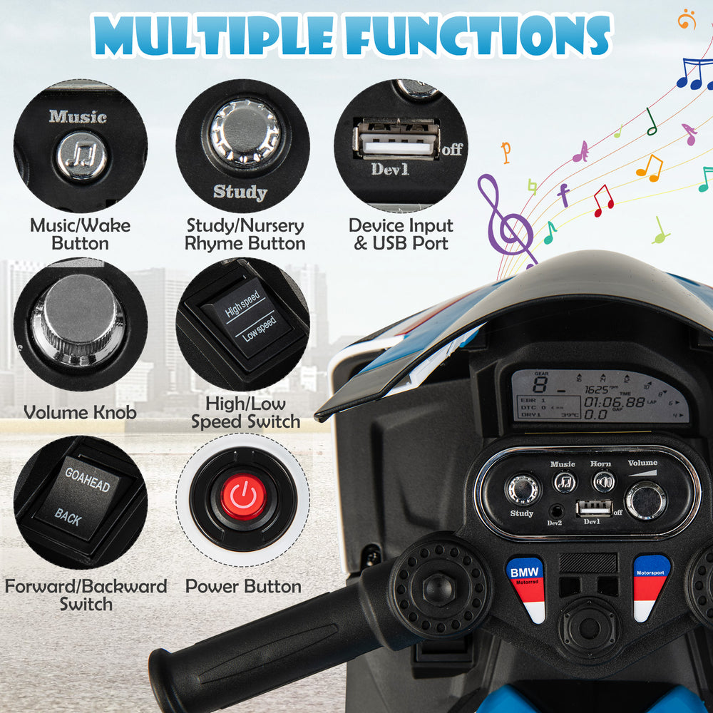 Close-up of the control panel on the BMW kids motorcycle ride-on toy, featuring music, speed, and direction controls.