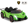 Green 12V licensed Lamborghini kids ride-on sports car with remote control, featuring LED headlights and safe doors.