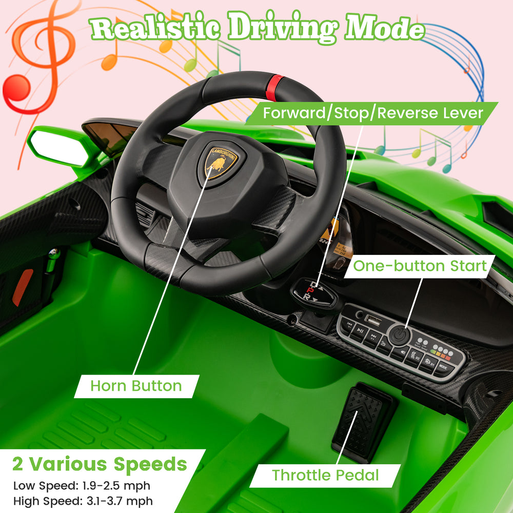Close-up of the steering wheel and controls of the 12V licensed Lamborghini kids ride-on car in green, featuring.