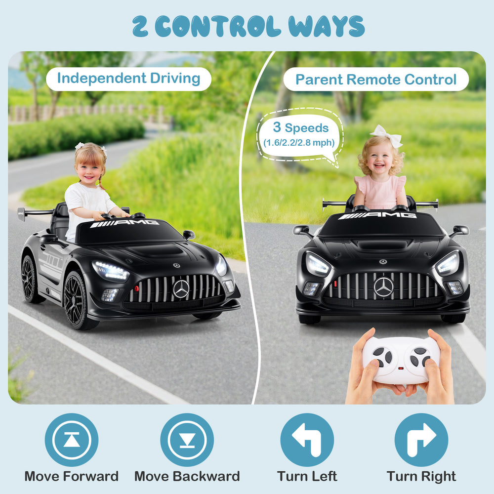 Mercedes-AMG GT3 kids ride-on car in black, featuring parent remote control and adjustable speed for safe driving fun.