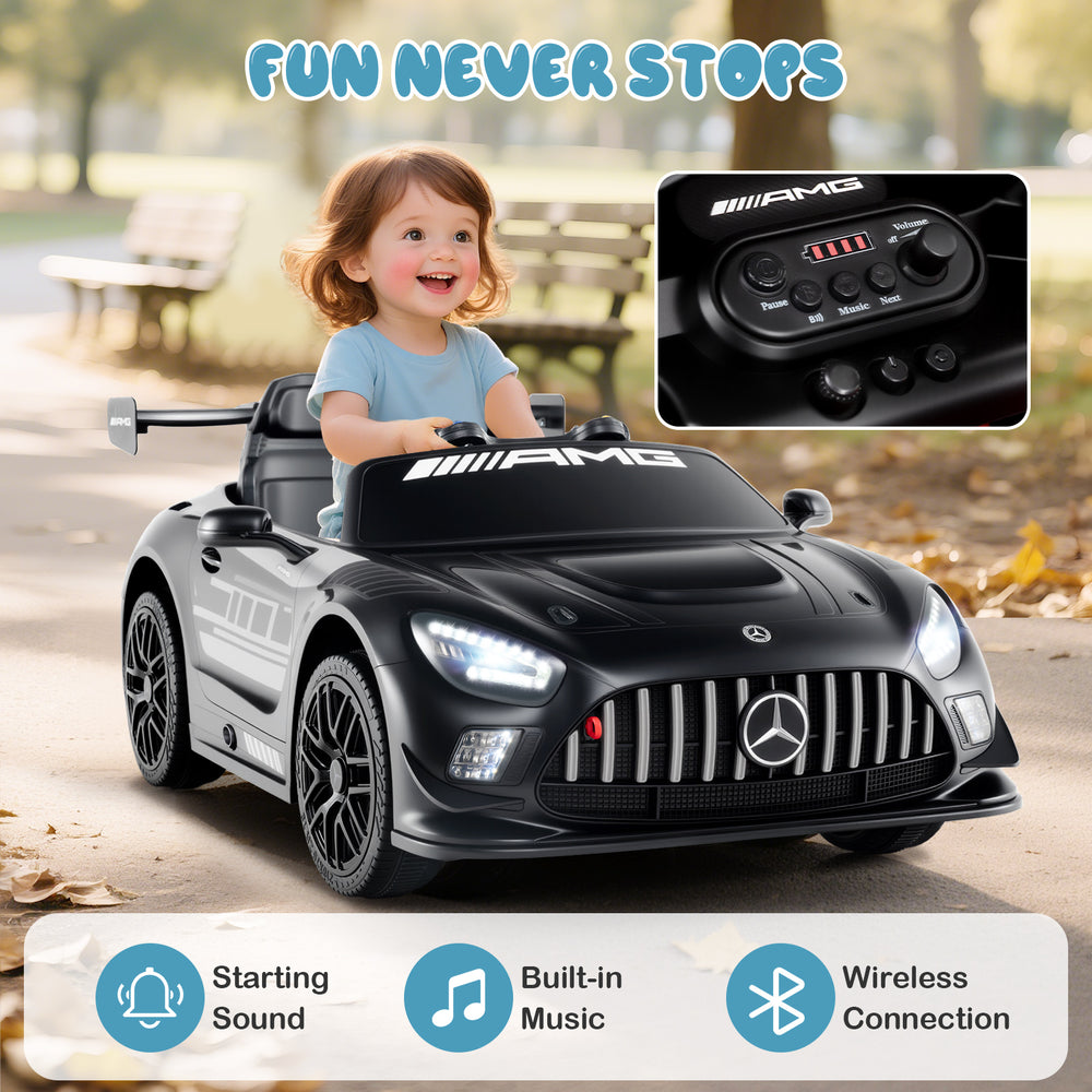 Black 12V kids ride-on car Mercedes-AMG GT3 with adjustable speed, built-in music, and parent remote control for safe.