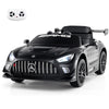Black 12V kids ride-on car Mercedes-AMG GT3 with remote control, adjustable speed, and LED lights for safe driving fun.