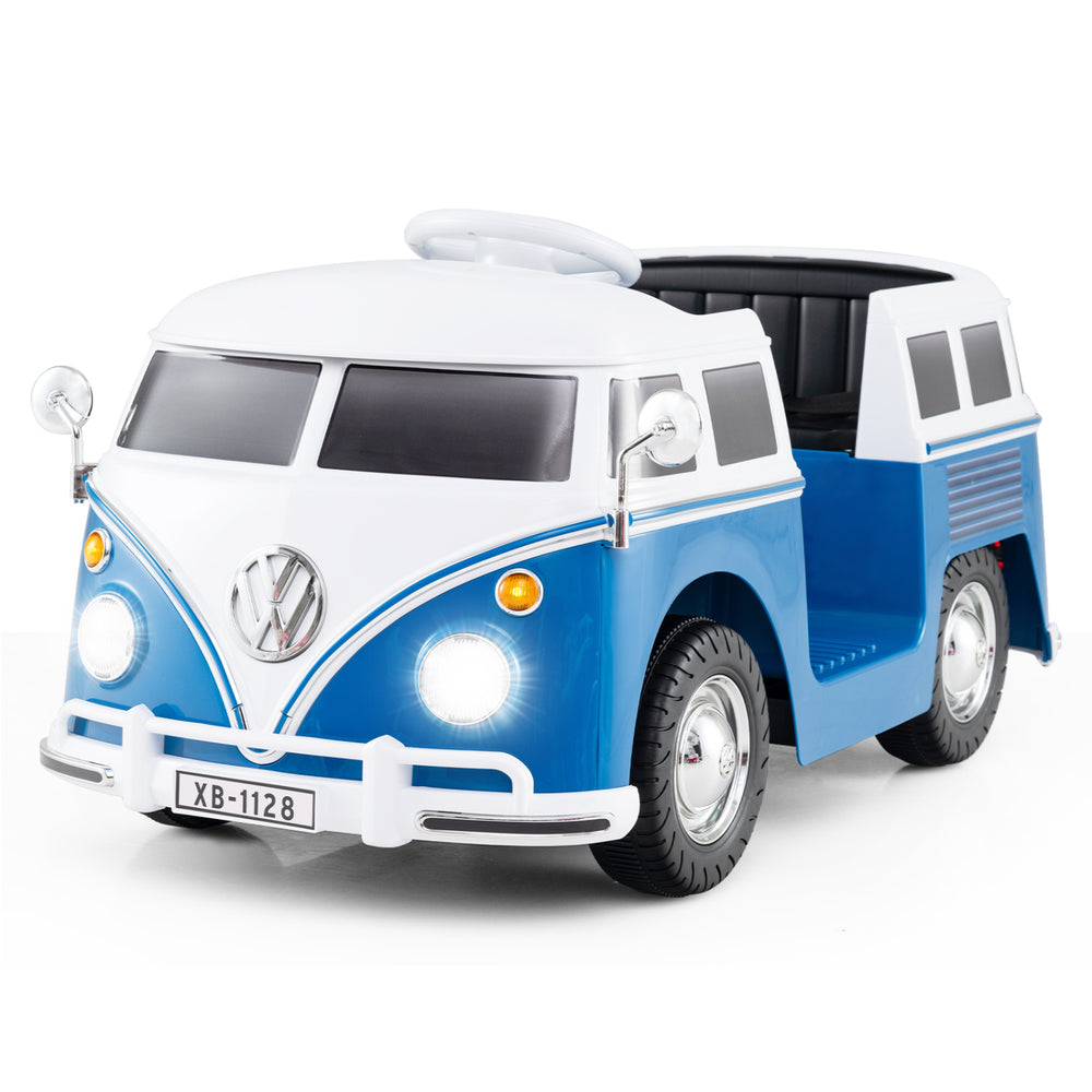 Licensed Volkswagen ride-on bus in blue with LED headlights, cup holder, and spacious seat for kids aged 3 and up.