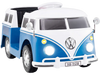 Front view of the blue licensed Volkswagen ride-on bus with LED headlights, spacious seat, and realistic driving.