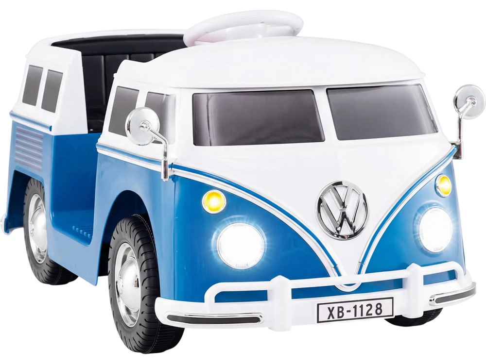 Front view of the blue licensed Volkswagen ride-on bus with LED headlights, spacious seat, and realistic driving.