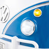 Close-up of the blue Volkswagen ride-on bus headlight and turn signal, featuring LED lights for kids' fun.