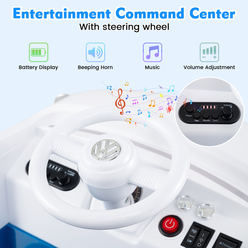 Steering wheel of the licensed Volkswagen ride-on bus featuring an entertainment command center with music and horn.