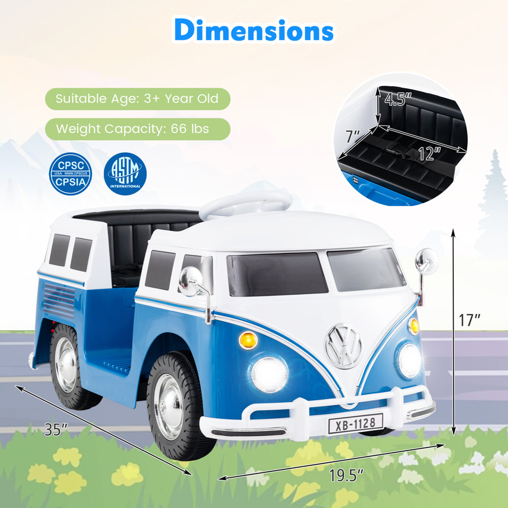 Dimensions of the blue licensed Volkswagen ride-on bus, measuring 35" long, 17" high, and 19.5" wide for kids aged 3+.