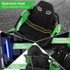 Spacious seat of the 12V Ride on Car UTV in green, featuring an adjustable safety belt and sturdy metal frame.