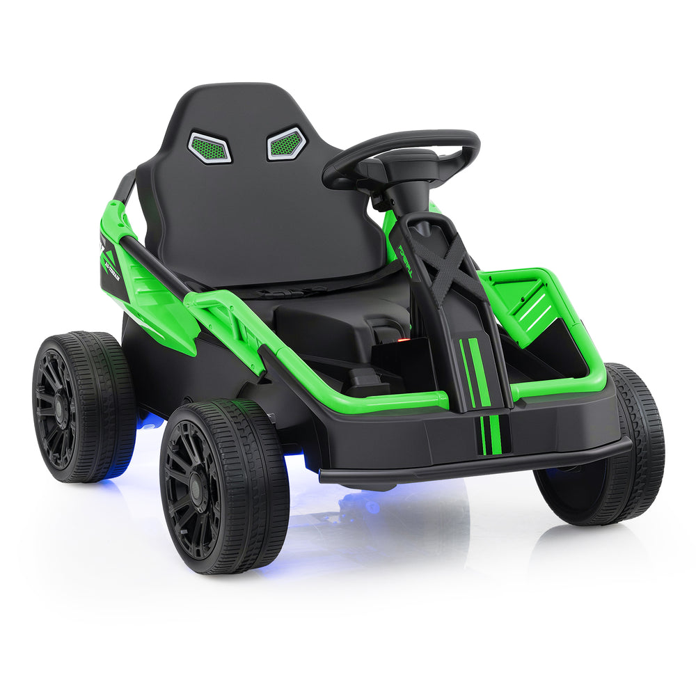 Electric UTV ride-on car in green with remote control, music, and LED lights for kids aged 37-95 months.