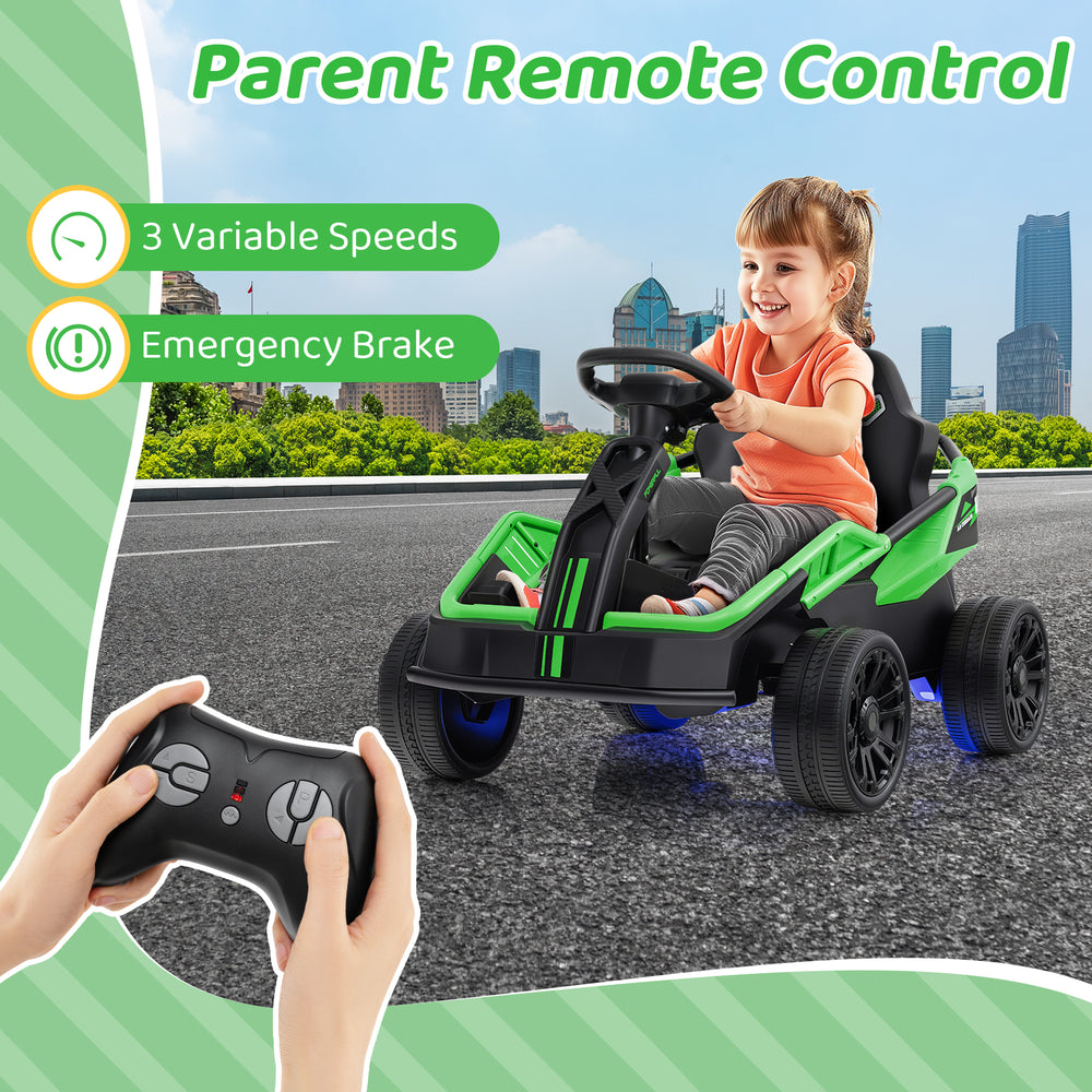 Electric UTV in green with parent remote control, featuring 3 speeds and music, ideal for kids' outdoor fun.