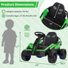 Product dimensions of the 12V electric UTV in green, showing size details for kids aged 37-95 months old.