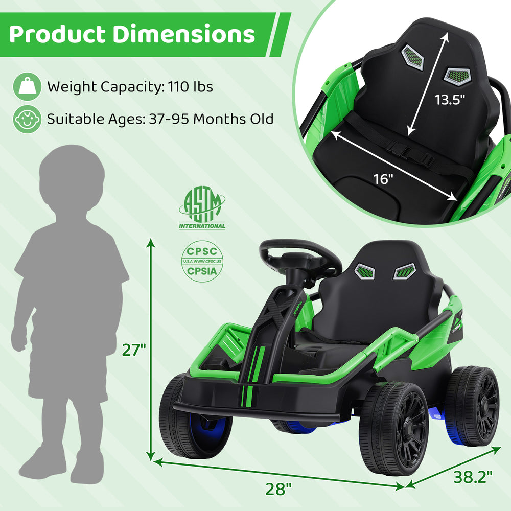 Product dimensions of the 12V electric UTV in green, showing size details for kids aged 37-95 months old.