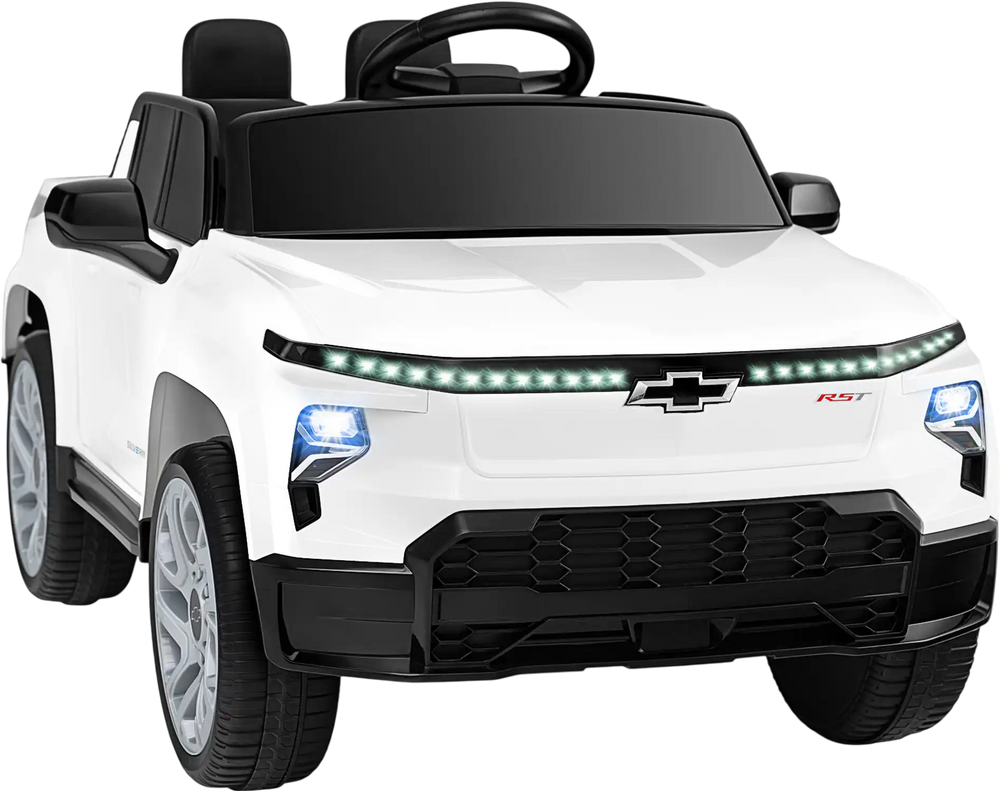 Licensed Chevrolet 12V ride-on truck in white with remote control, realistic lights, and spacious seat for kids aged 3+.