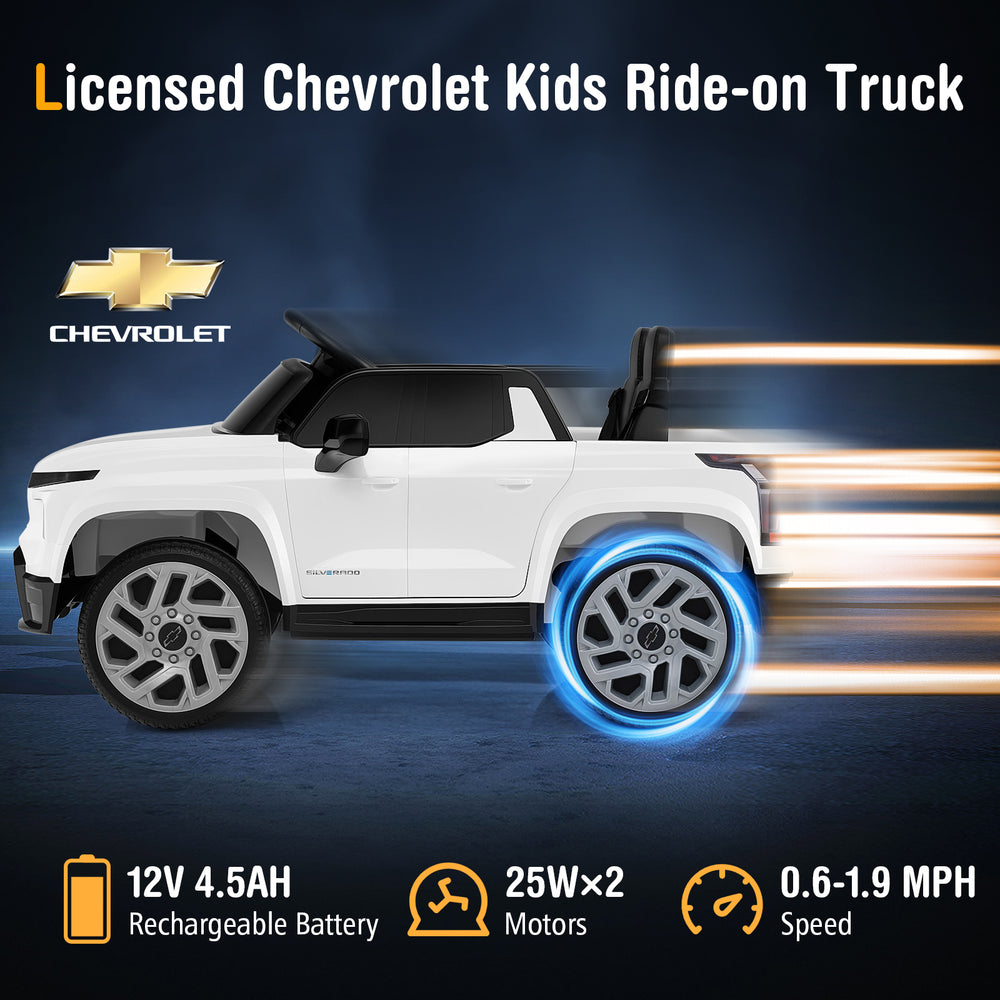 Licensed Chevrolet kids ride-on truck in white with remote control, realistic lights, and storage cube for safe outdoor.