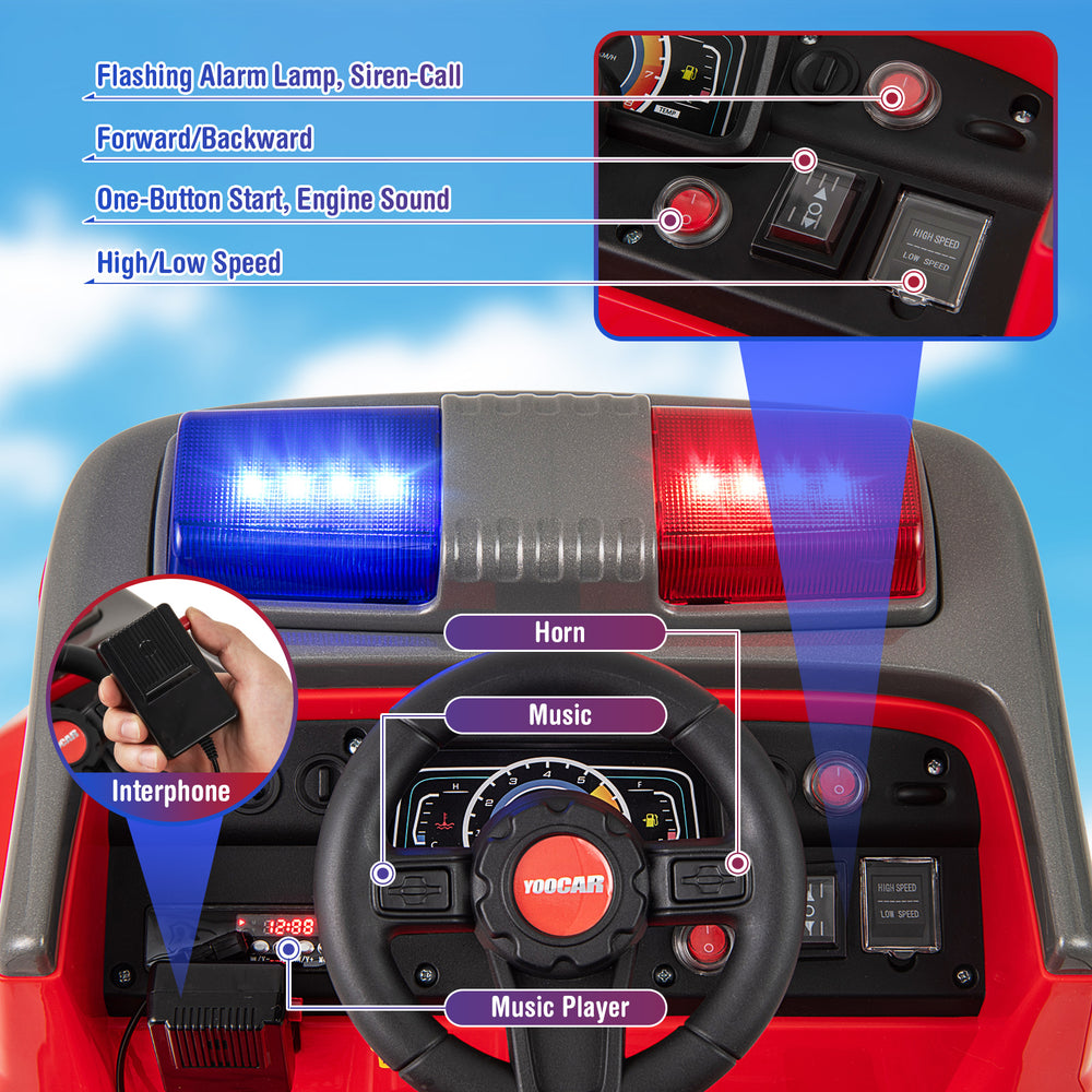Red 12V ride-on fire truck dashboard showing controls, music player, and interphone for interactive play.