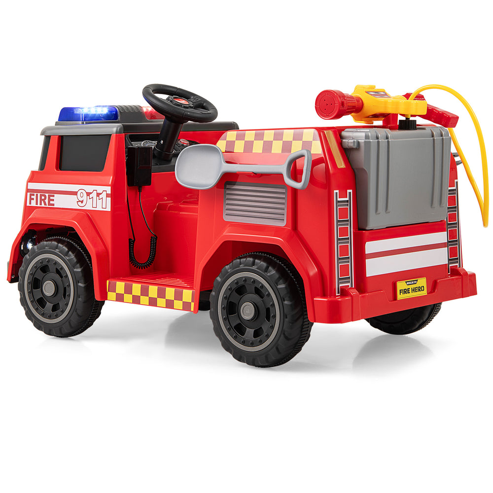 Red 12V ride-on fire truck with water gun, interphone, and safety belt, perfect for kids aged 37-95 months.