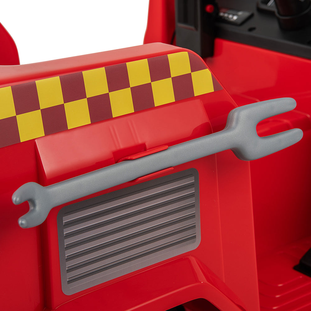 Detail of the wrench on the 12V ride-on fire truck, designed for kids to learn basic life skills while playing.