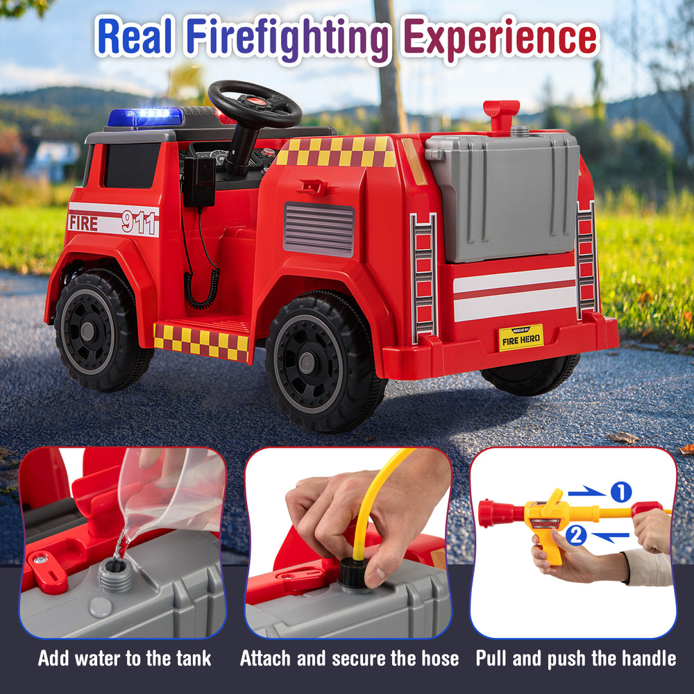 Red 12V ride-on fire truck with water gun, featuring a realistic design and parent control mode for kids aged 37-95.