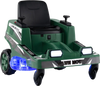 Kids 12V ride-on lawn mower in green with LED lights, dual control sticks, and smooth anti-tipping wheels for fun.