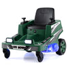 Kids 12V ride-on lawn mower in green with dual control sticks and LED lights, designed for fun and safe outdoor play.