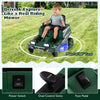 Kids' 12V ride-on lawn mower in green with dual control sticks, LED lights, and smooth anti-tip wheels for safe play.