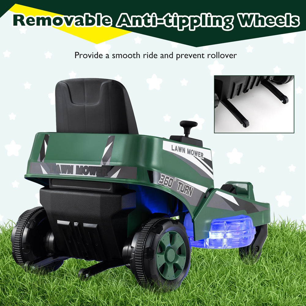Ride-on lawn mower for kids in green with dual control sticks, LED lights, and removable anti-tipping wheels for safety.