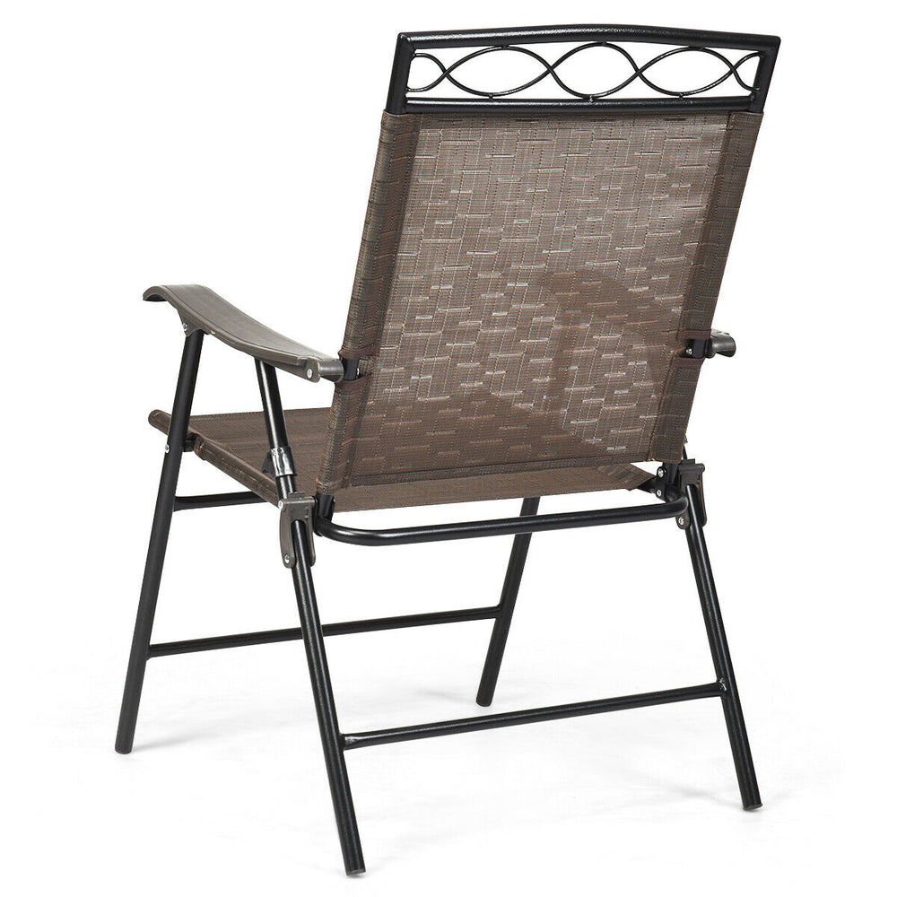 Folding patio chair showcasing a sleek back design and comfortable fabric, perfect for outdoor relaxation and easy.