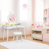 Kids vanity makeup table and chair set in white with a mirror, perfect for ages 3-8, ideal for bedroom or playroom.