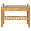 Bamboo shoe rack bench with gray cushion, featuring a slatted lower shelf for additional shoe storage, ideal for modern.