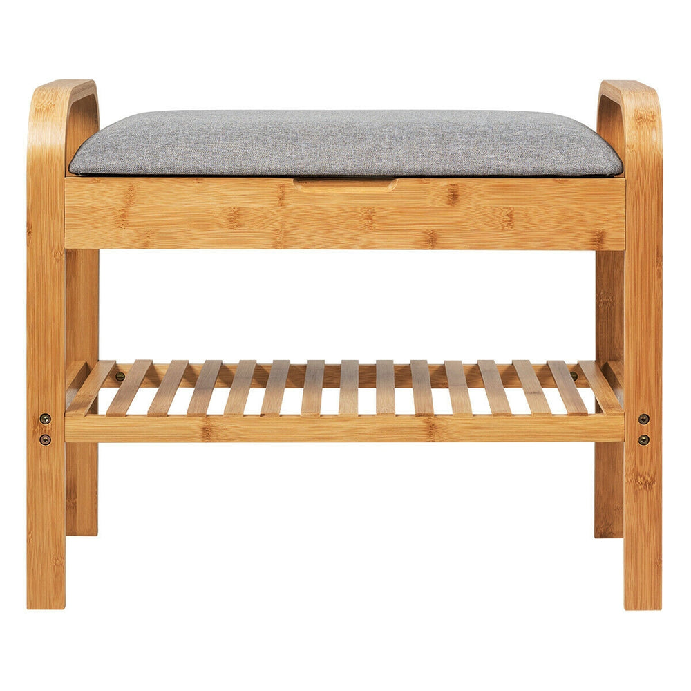 Bamboo shoe rack bench with gray cushion, featuring a slatted lower shelf for additional shoe storage, ideal for modern.