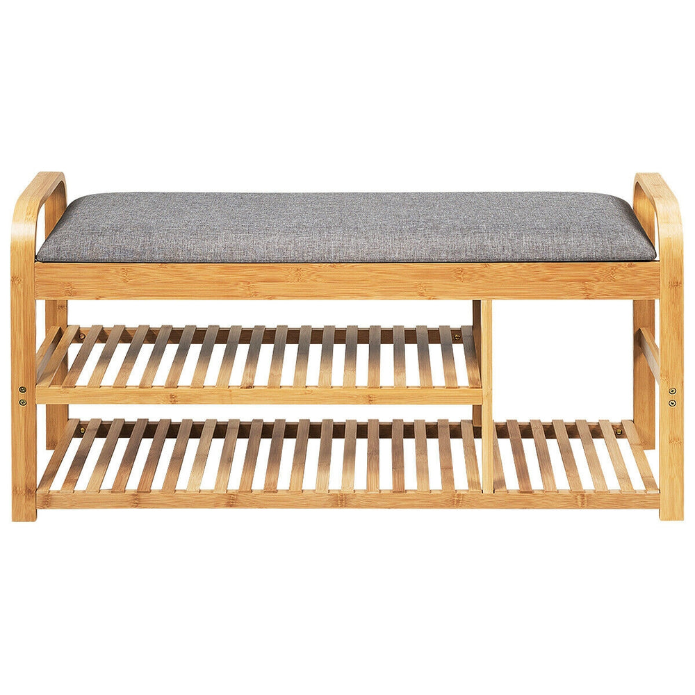 Bamboo shoe rack bench with cushion, featuring three tiers and ergonomic design, ideal for entryway or bedroom use.