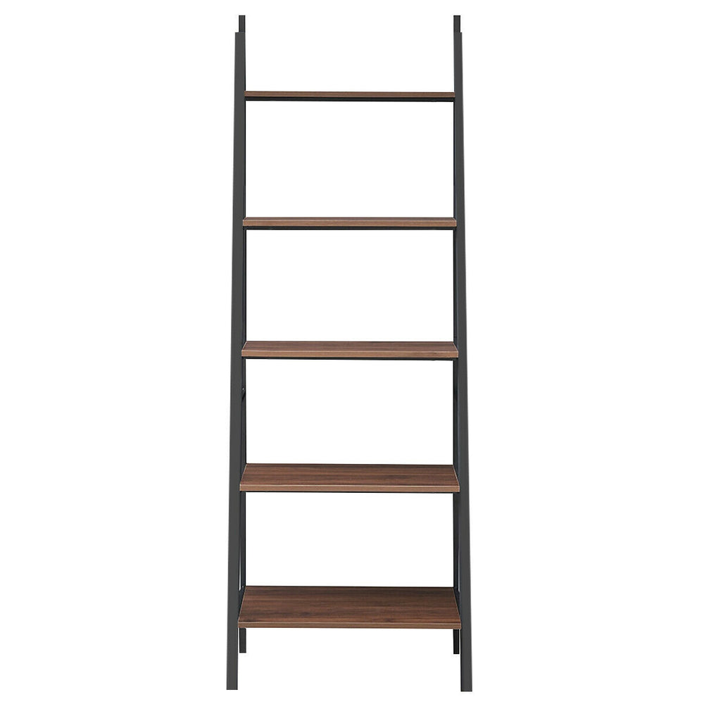 5-tier leaning bookshelf with a stylish trapezoidal design, made of steel and particle board for stable storage.