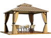 Stylish 12 x 12 FT hardtop gazebo featuring elegant curtains for enhanced privacy and weather protection in outdoor.