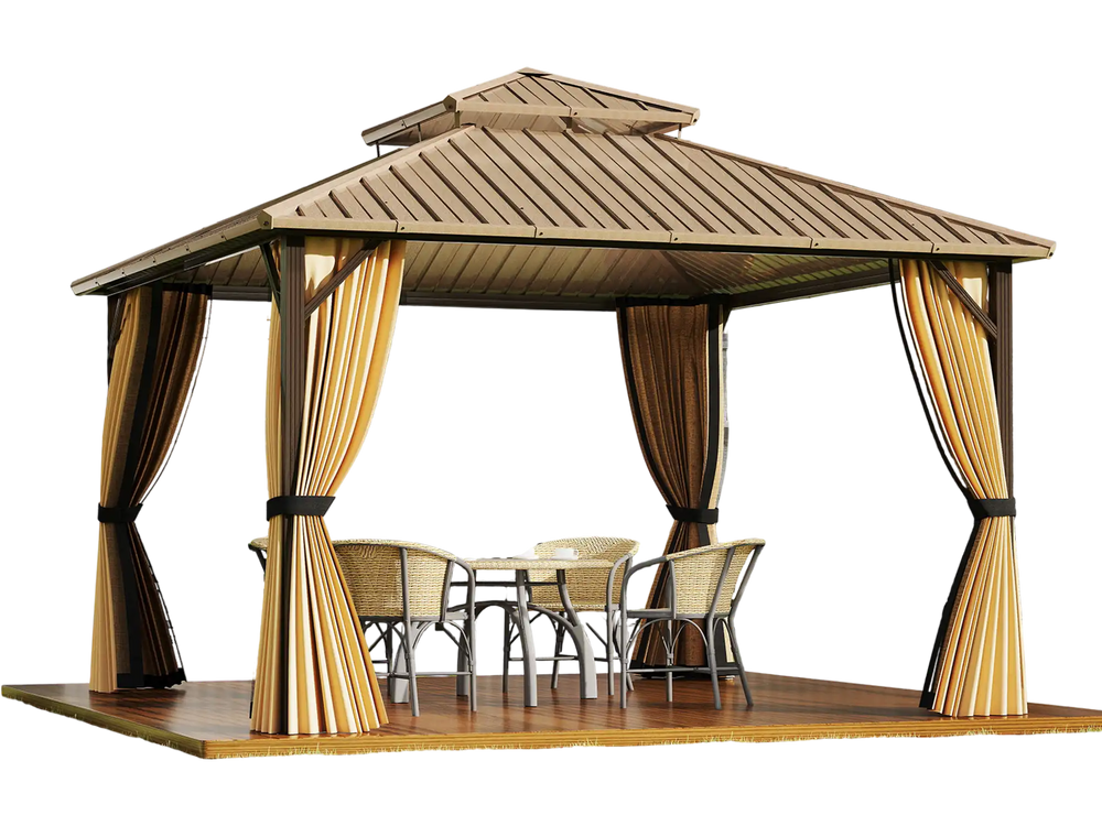 Stylish 12 x 12 FT hardtop gazebo featuring elegant curtains for enhanced privacy and weather protection in outdoor.